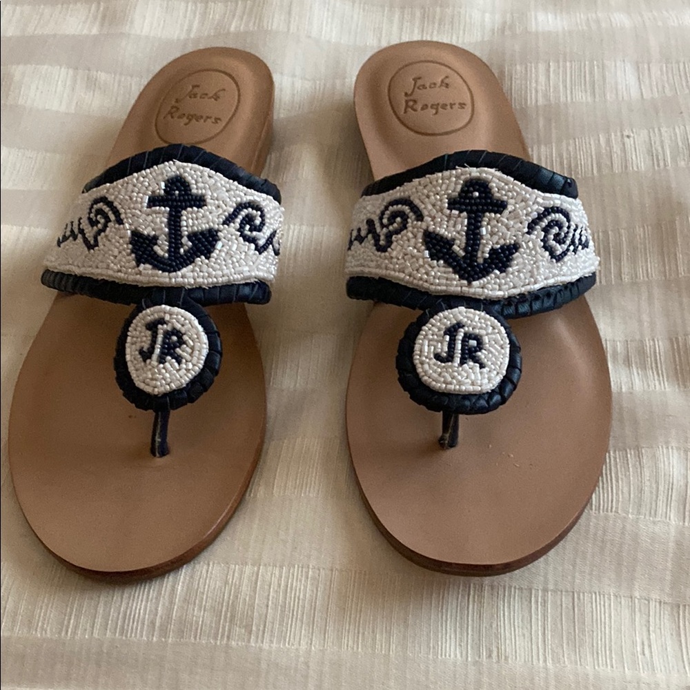 Jack Rogers Navy and White Beaded Anchor Thong Sandals